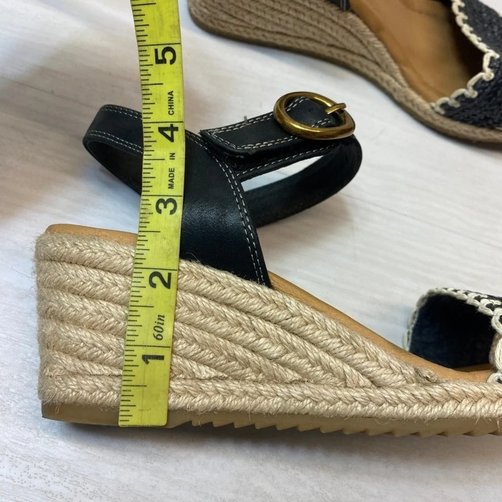 Sofft Inez Womens 10M Espadrille Wedge Sandals Woven Leather Black Jute Boho